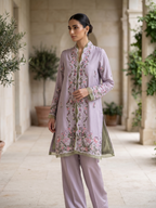 Pressed Lilac, a lilac embroidered three piece set by Jannat and Sadaf