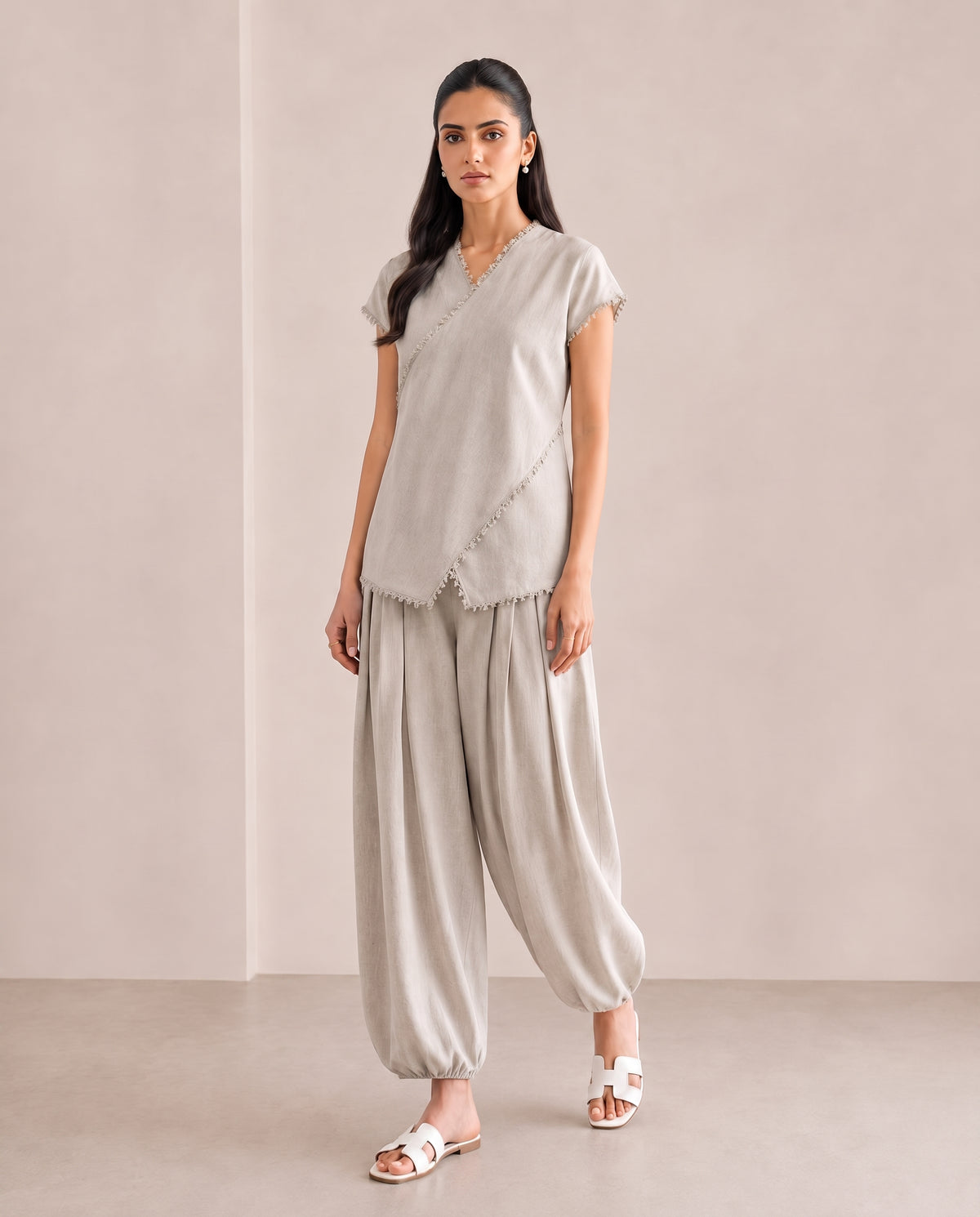 Ash Blue Wrap, an ash blue linen wrap co-ord by Jannat and Sadaf