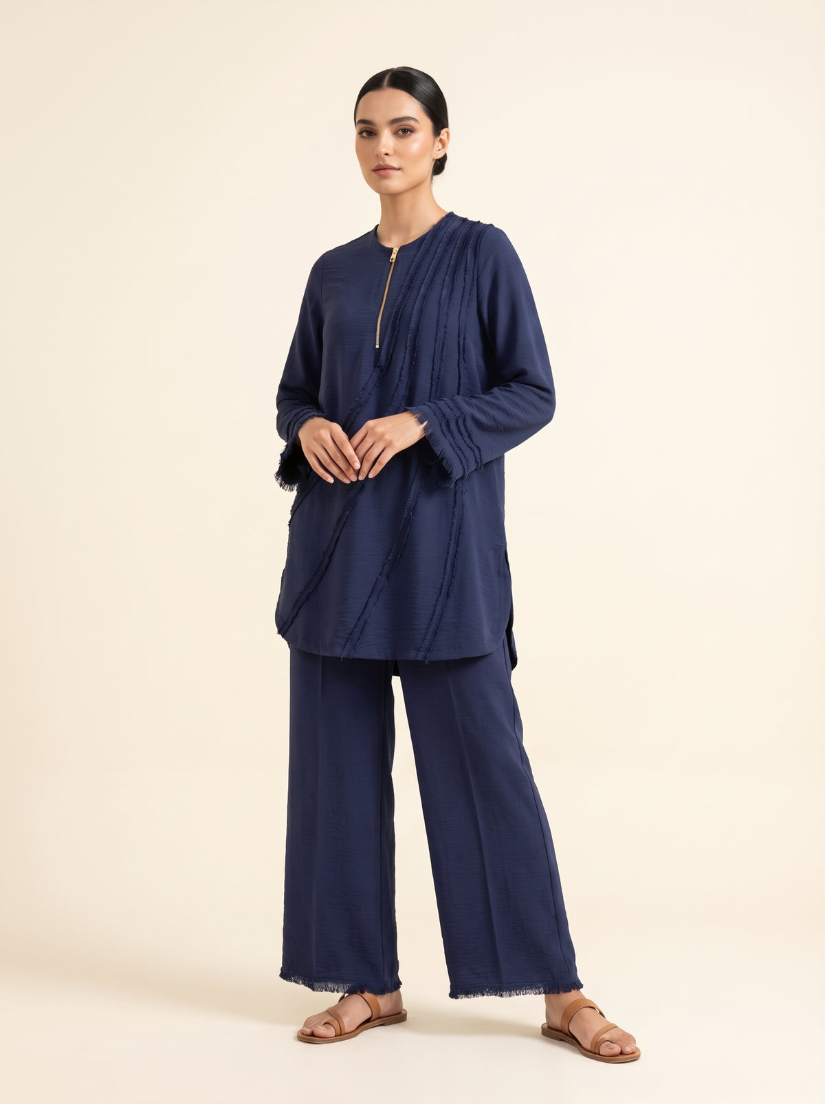 Blue Forest, a navy textured crepe co-ord set by Jannat and Sadaf
