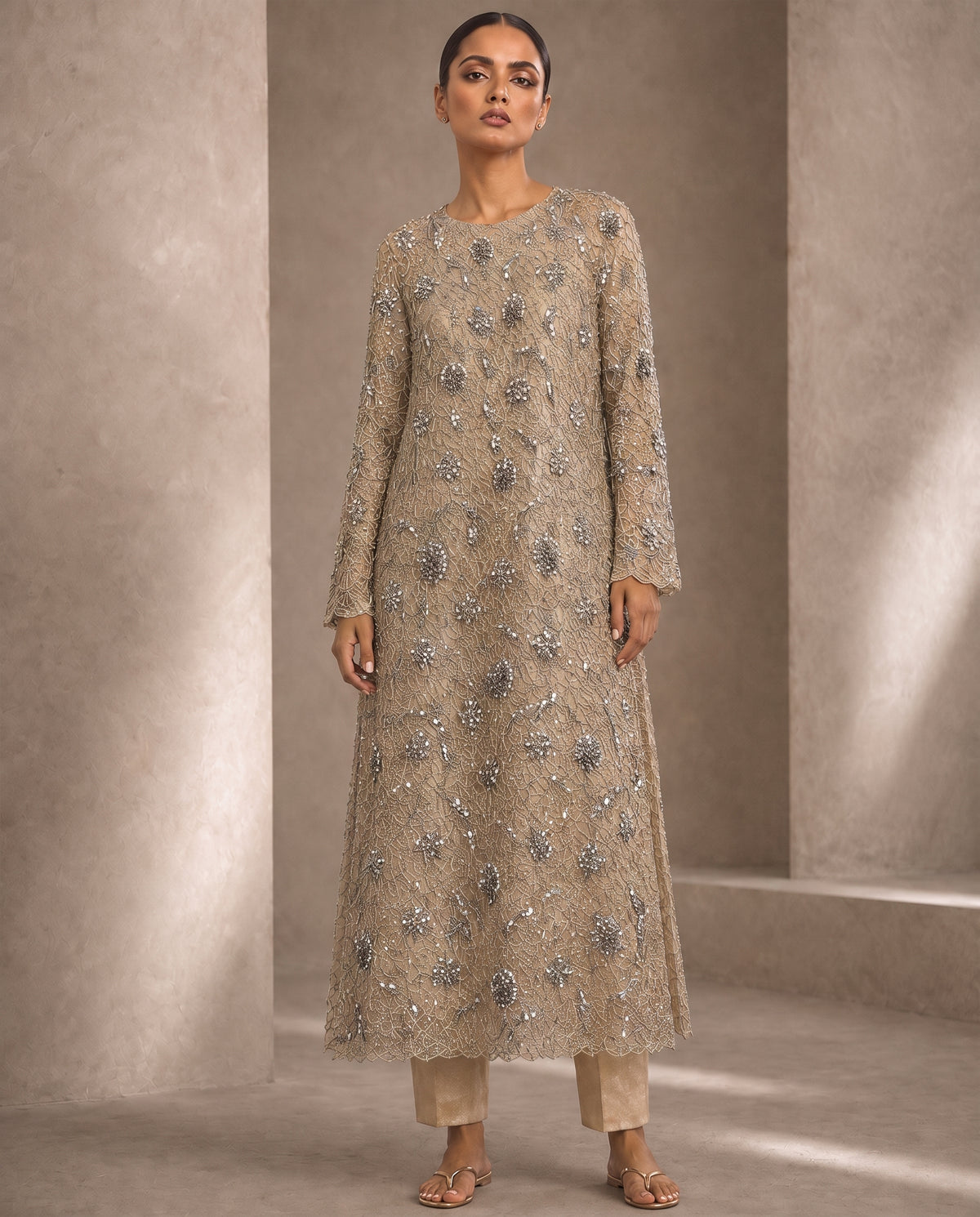 Chantelle Lace Gold, a champagne Chantilly lace tunic by Jannat and Sadaf