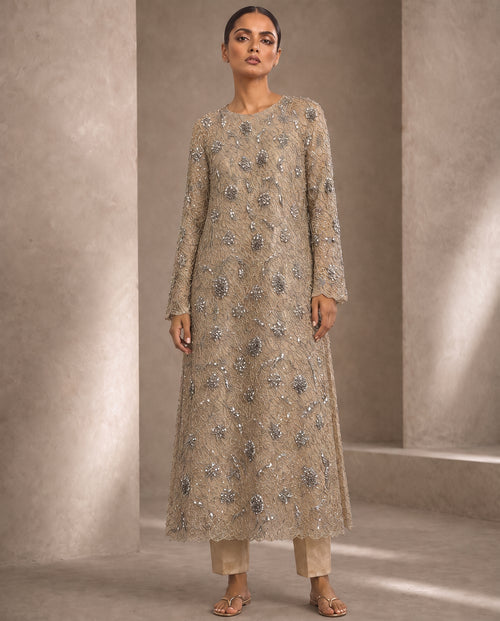 Chantelle Lace Gold, a champagne Chantilly lace tunic by Jannat and Sadaf