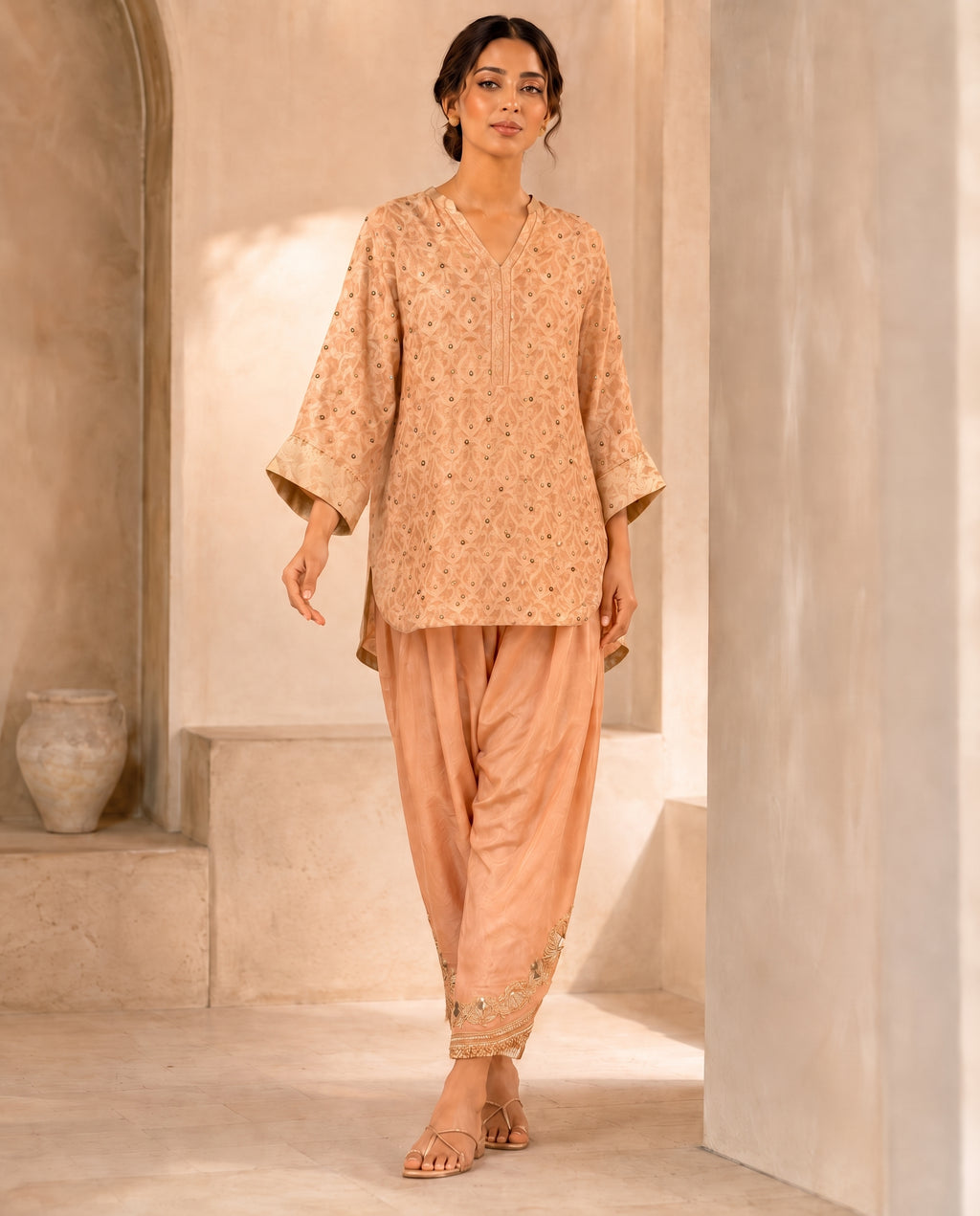 Coral Dust, a peach mukesh jacquard ensemble by Jannat and Sadaf