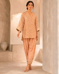 Coral Dust, a peach mukesh jacquard ensemble by Jannat and Sadaf