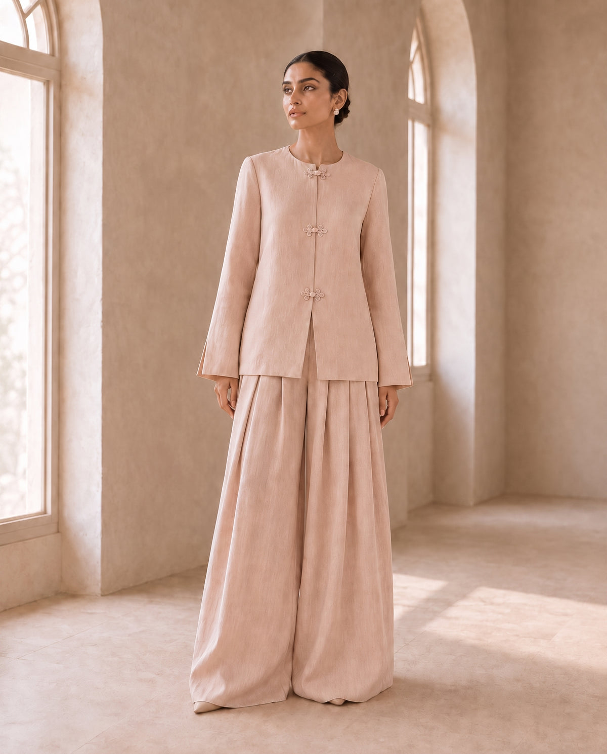 Desert Blush, a desert blush linen co-ord set by Jannat and Sadaf