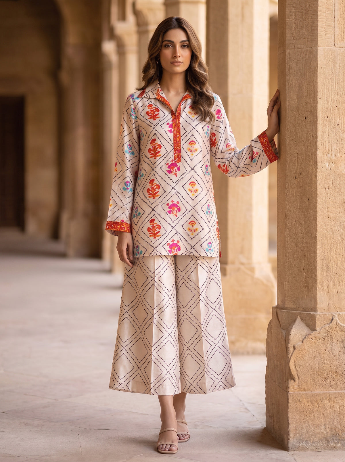 Diamond Lattice, a beige printed raw silk co-ord by Jannat and Sadaf