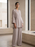 Elara, a taupe wrap co-ord set by Jannat and Sadaf