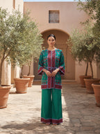 Emerald Wrap, an emerald block print kimono co-ord by Jannat and Sadaf