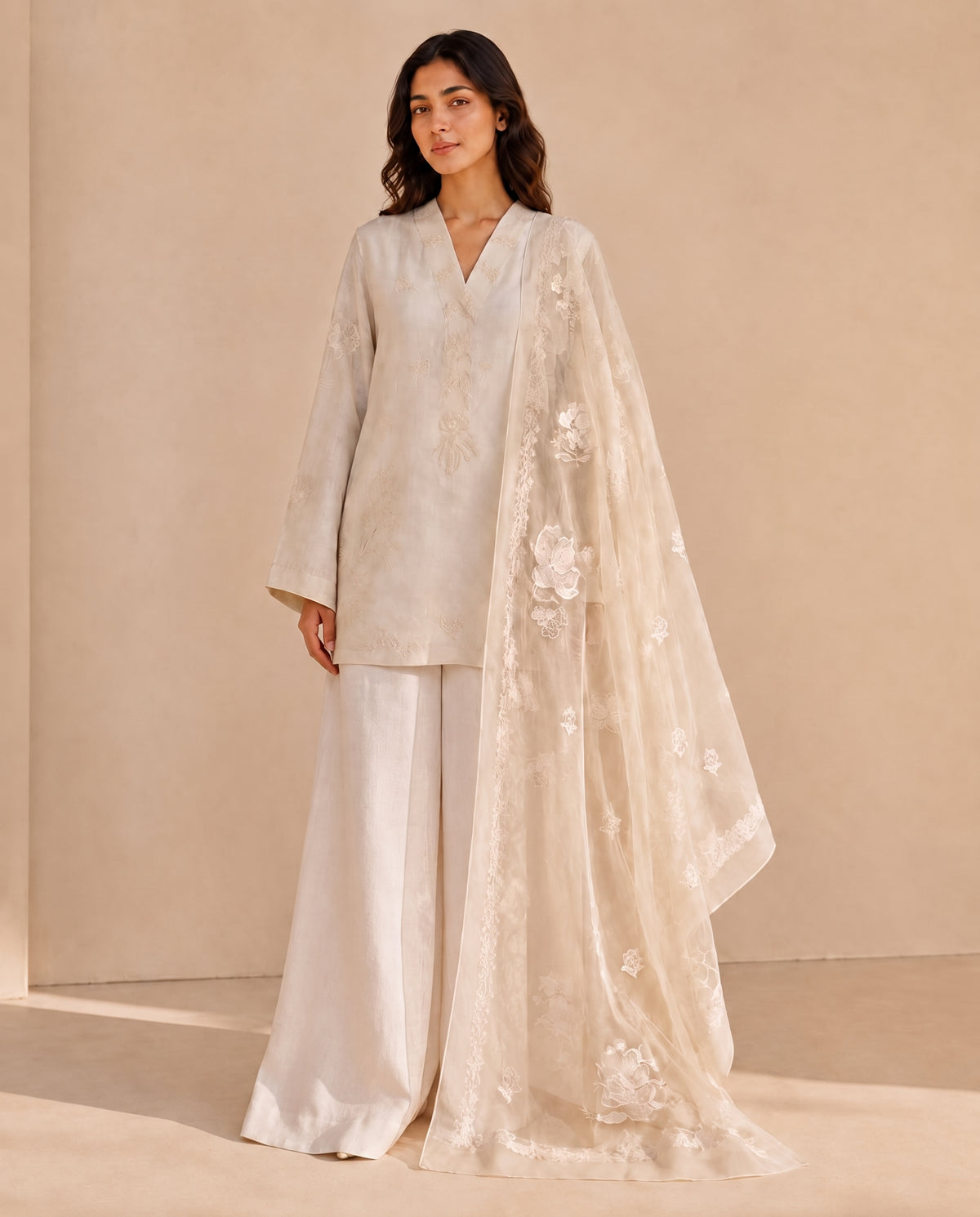 Flora Inlay, an ivory cotton silk three piece set by Jannat and Sadaf