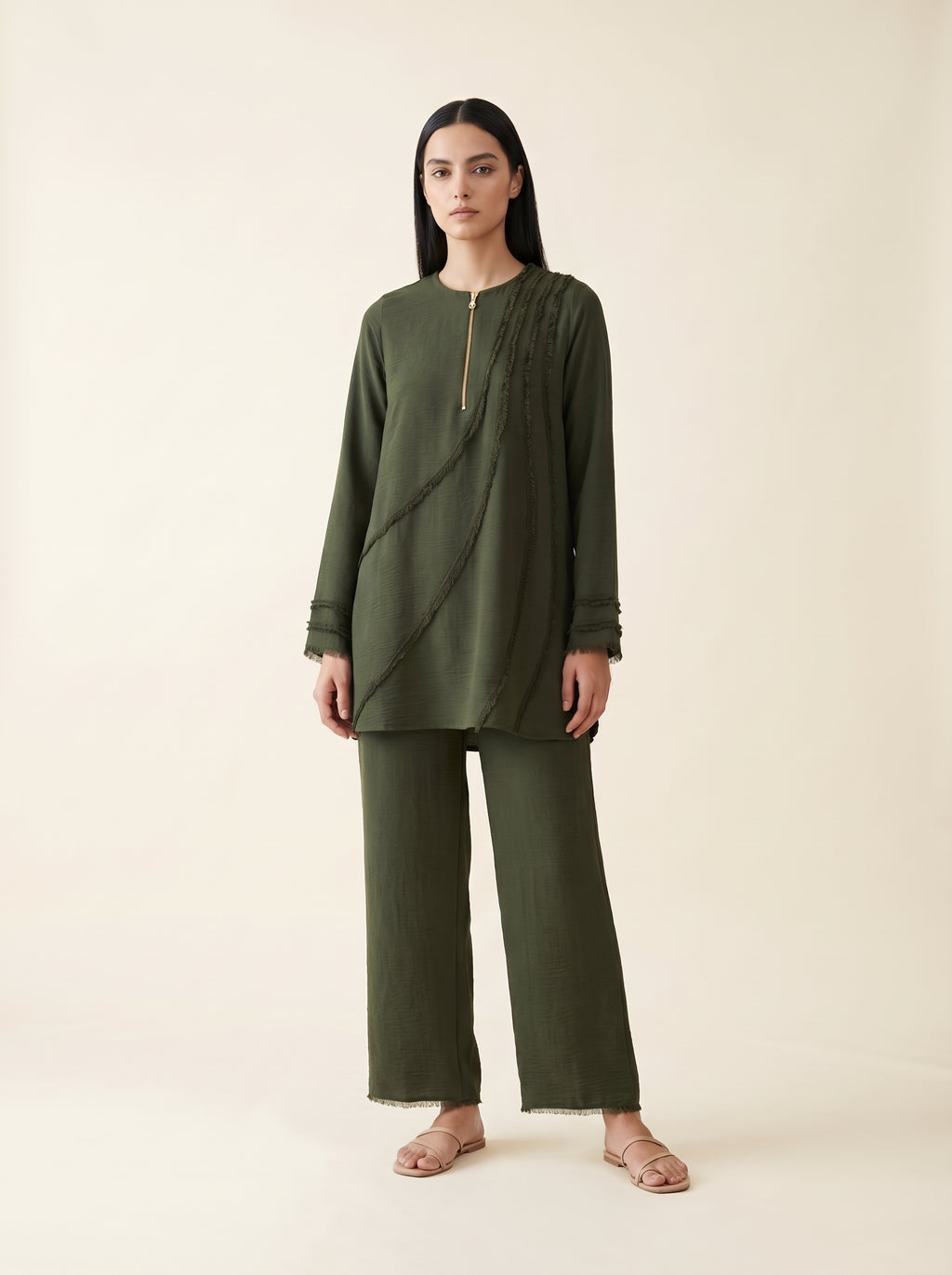 Green Forest, a green textured crepe tunic set by Jannat and Sadaf