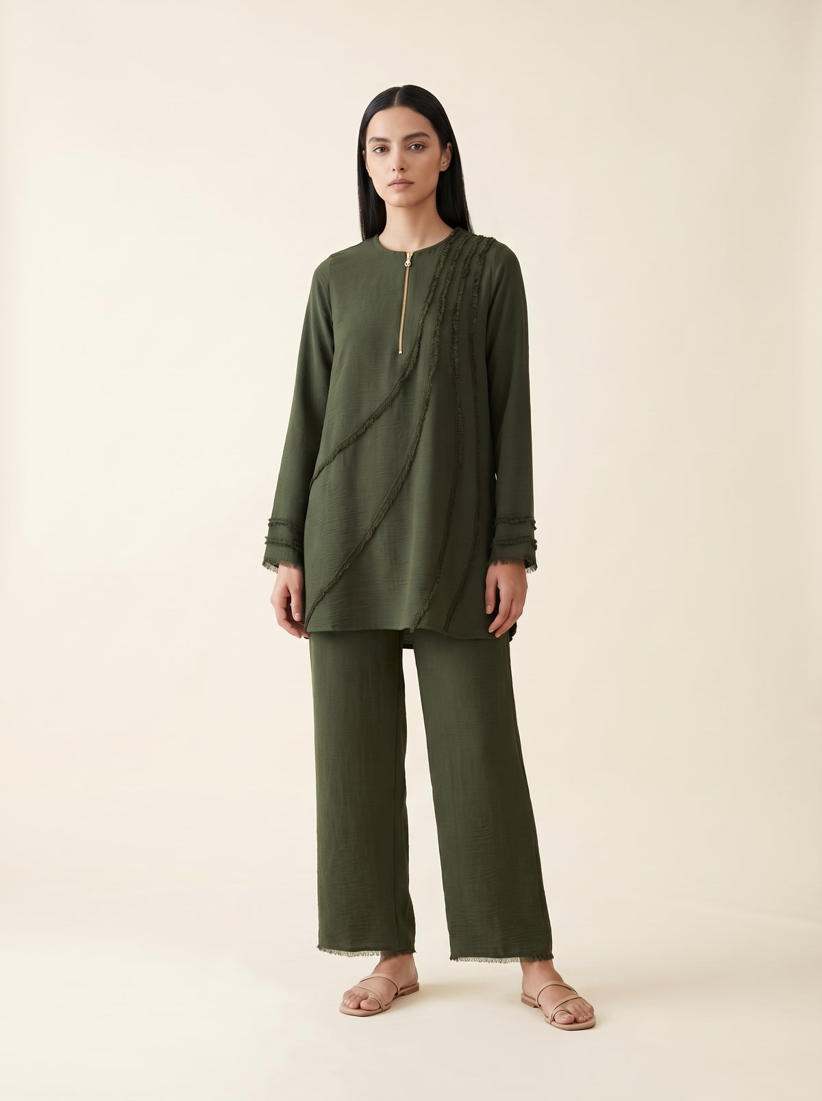 Green Forest, a green textured crepe tunic set by Jannat and Sadaf