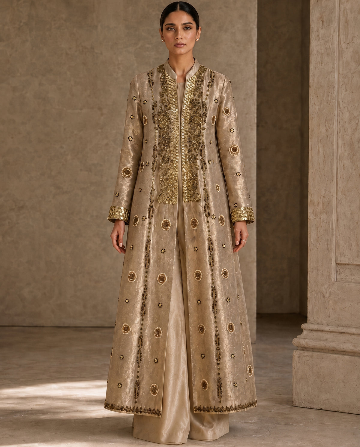Guilded Gold Jacket, a gold zardozi tissue jacket set by Jannat and Sadaf