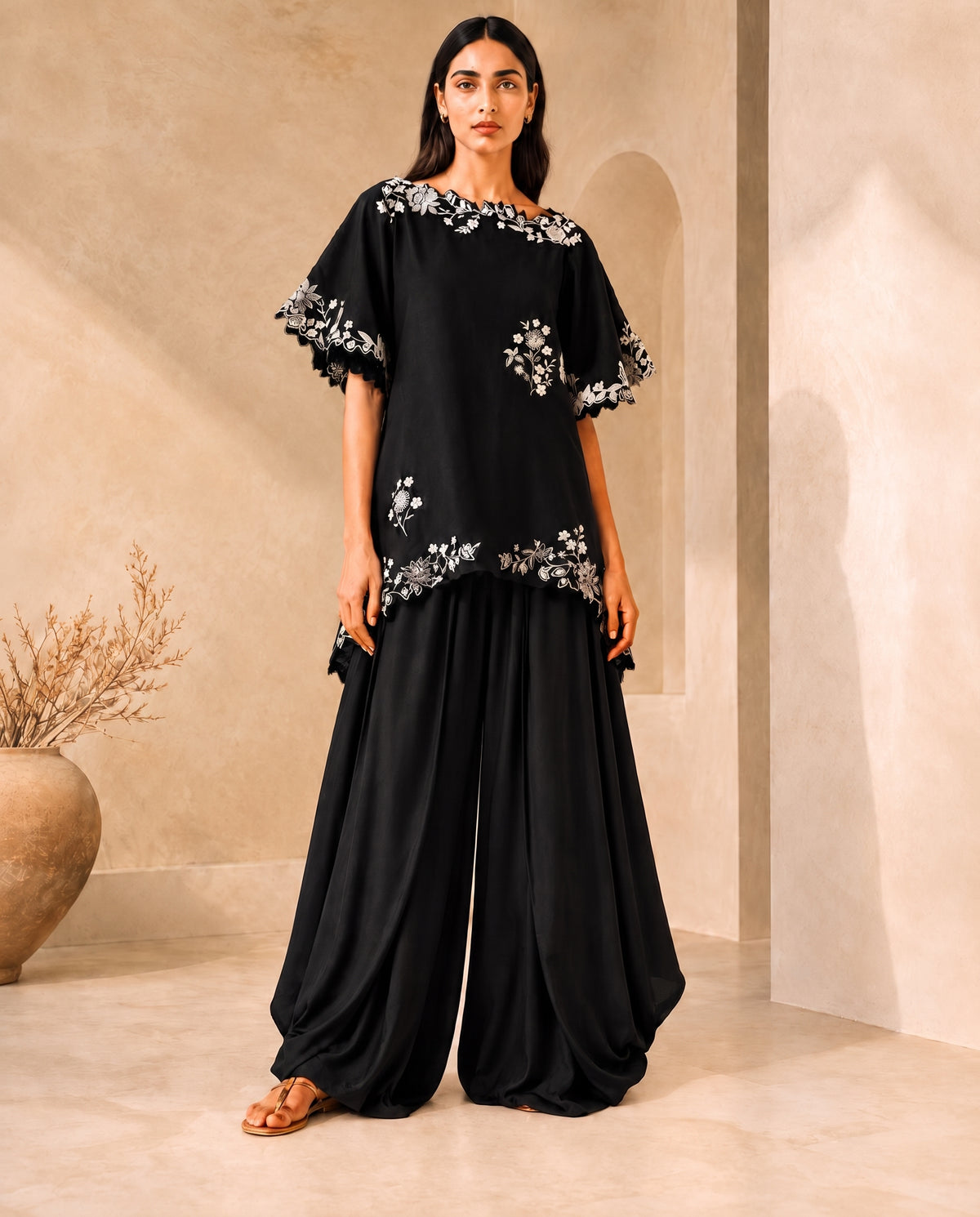 Midnight Blossom, a black embroidered cotton silk set by Jannat and Sadaf