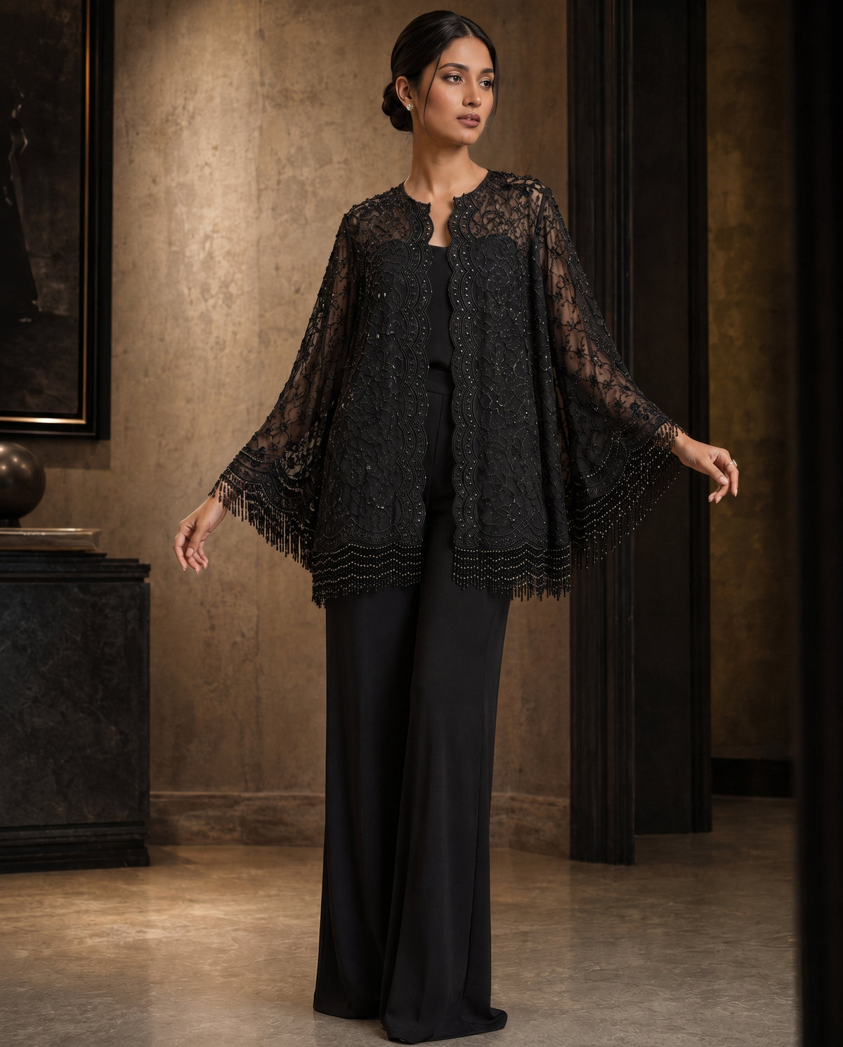 Midnight Lace, a black beaded lace jacket by Jannat and Sadaf