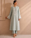 Mint Scroll, an aqua embroidered twill tunic set by Jannat and Sadaf