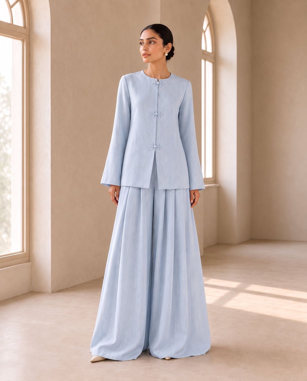 Misty Blue, a misty blue linen co-ord set by Jannat and Sadaf