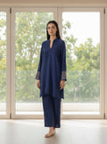 Navy Scroll, a navy block print silk co-ord by Jannat and Sadaf
