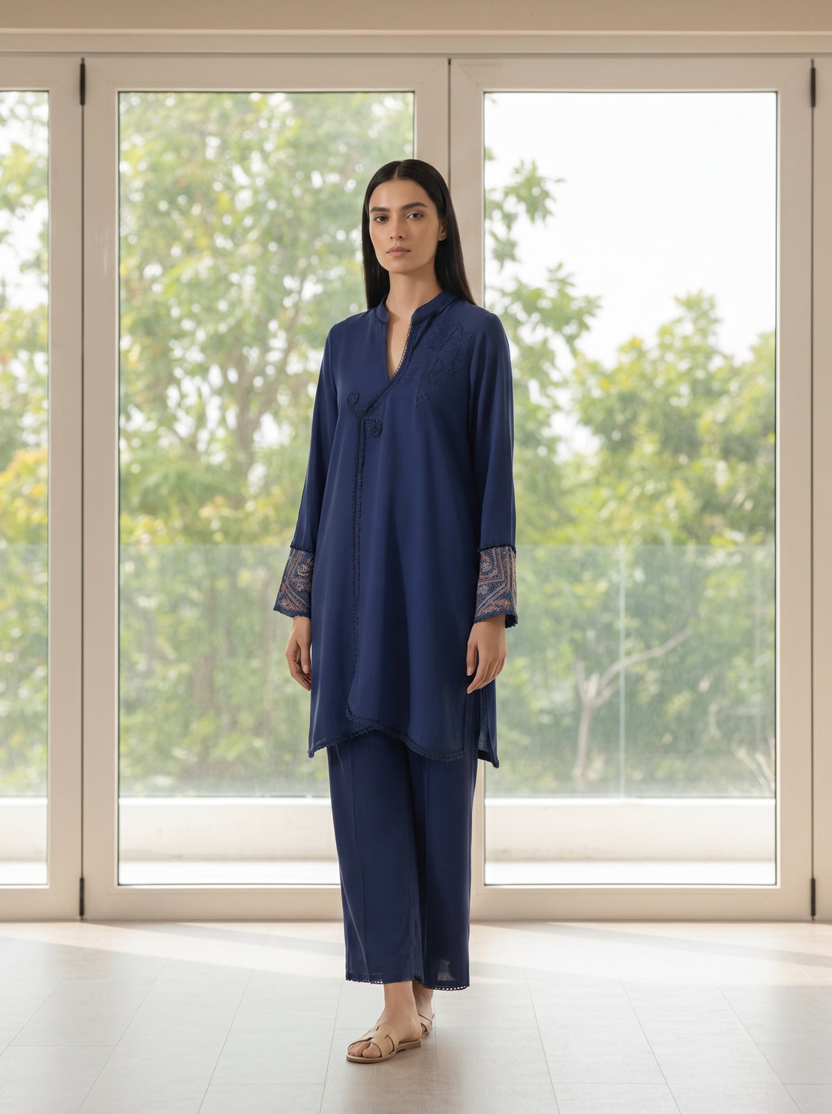Navy Scroll, a navy block print silk co-ord by Jannat and Sadaf