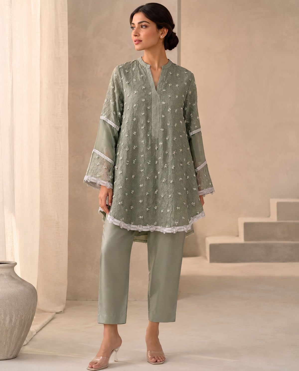 Pearly Green, a sage pearl embroidered kora tunic by Jannat and Sadaf