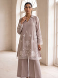 Pine Pink, an embroidered pine pink cotton silk set by Jannat and Sadaf