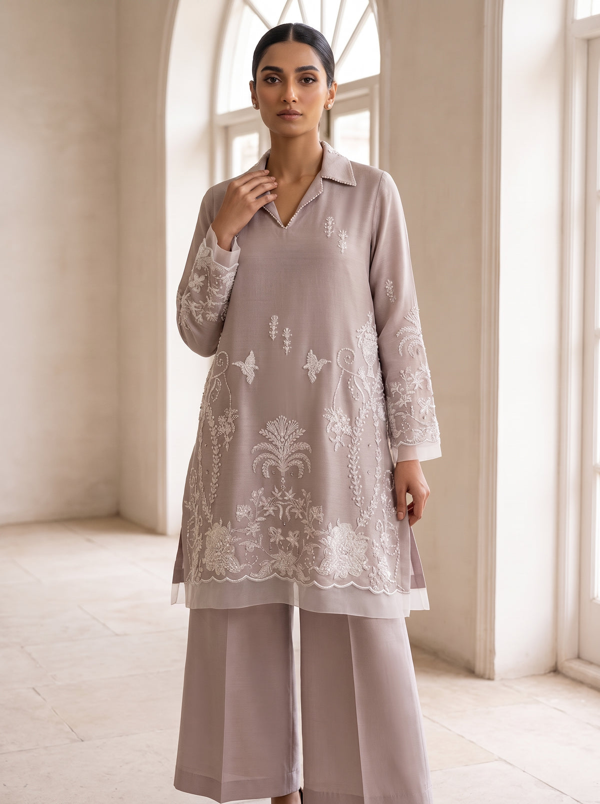 Pine Pink, an embroidered pine pink cotton silk set by Jannat and Sadaf