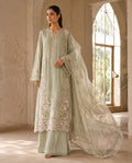 Pistachio Rose, a sage khaddi silk three piece set by Jannat and Sadaf