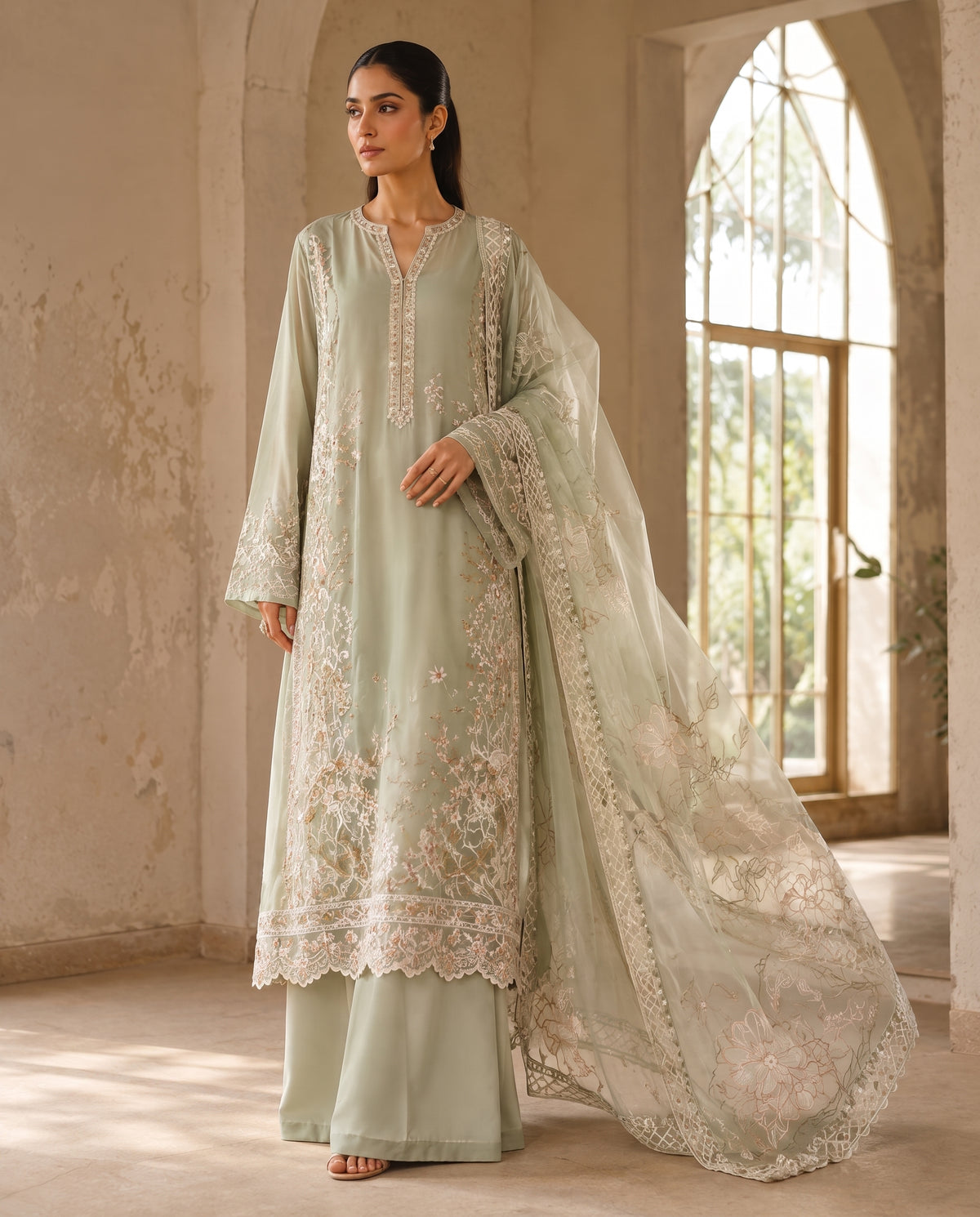 Pistachio Rose, a sage khaddi silk three piece set by Jannat and Sadaf