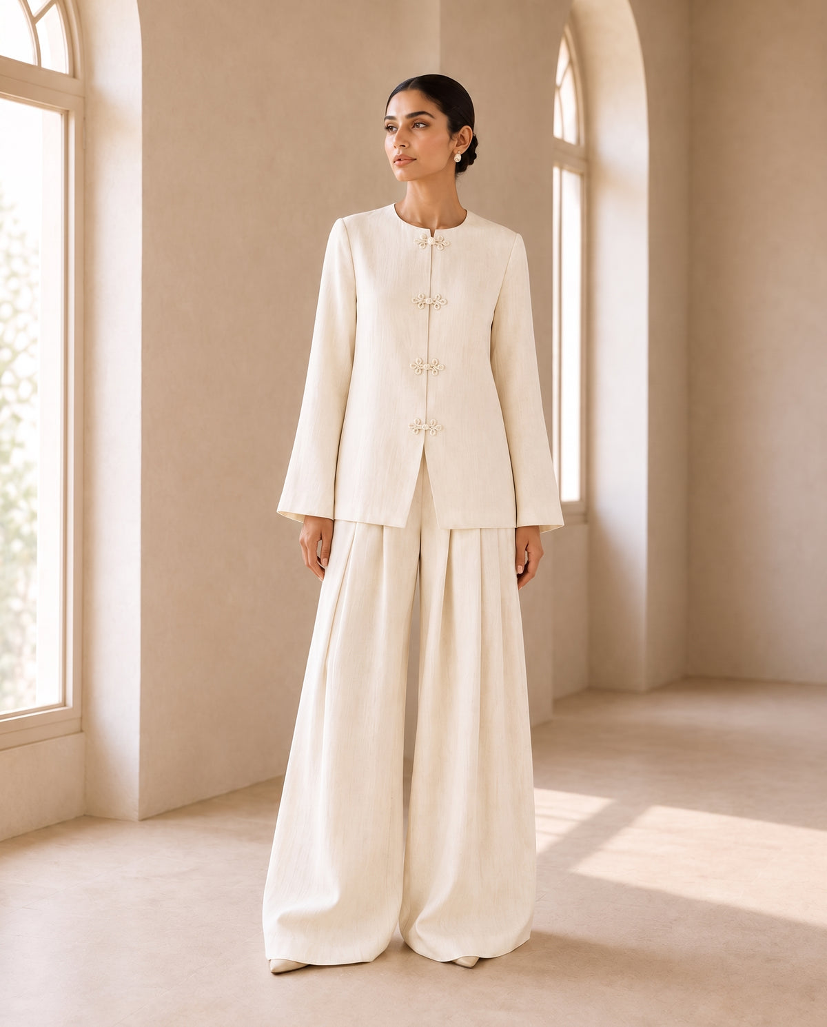 Quiet Ivory, an ivory linen co-ord set by Jannat and Sadaf