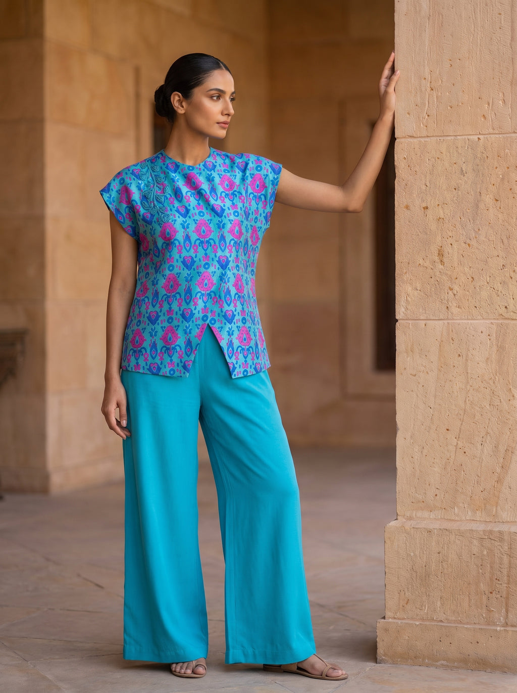 Riviera, a turquoise raw silk co-ord set by Jannat and Sadaf