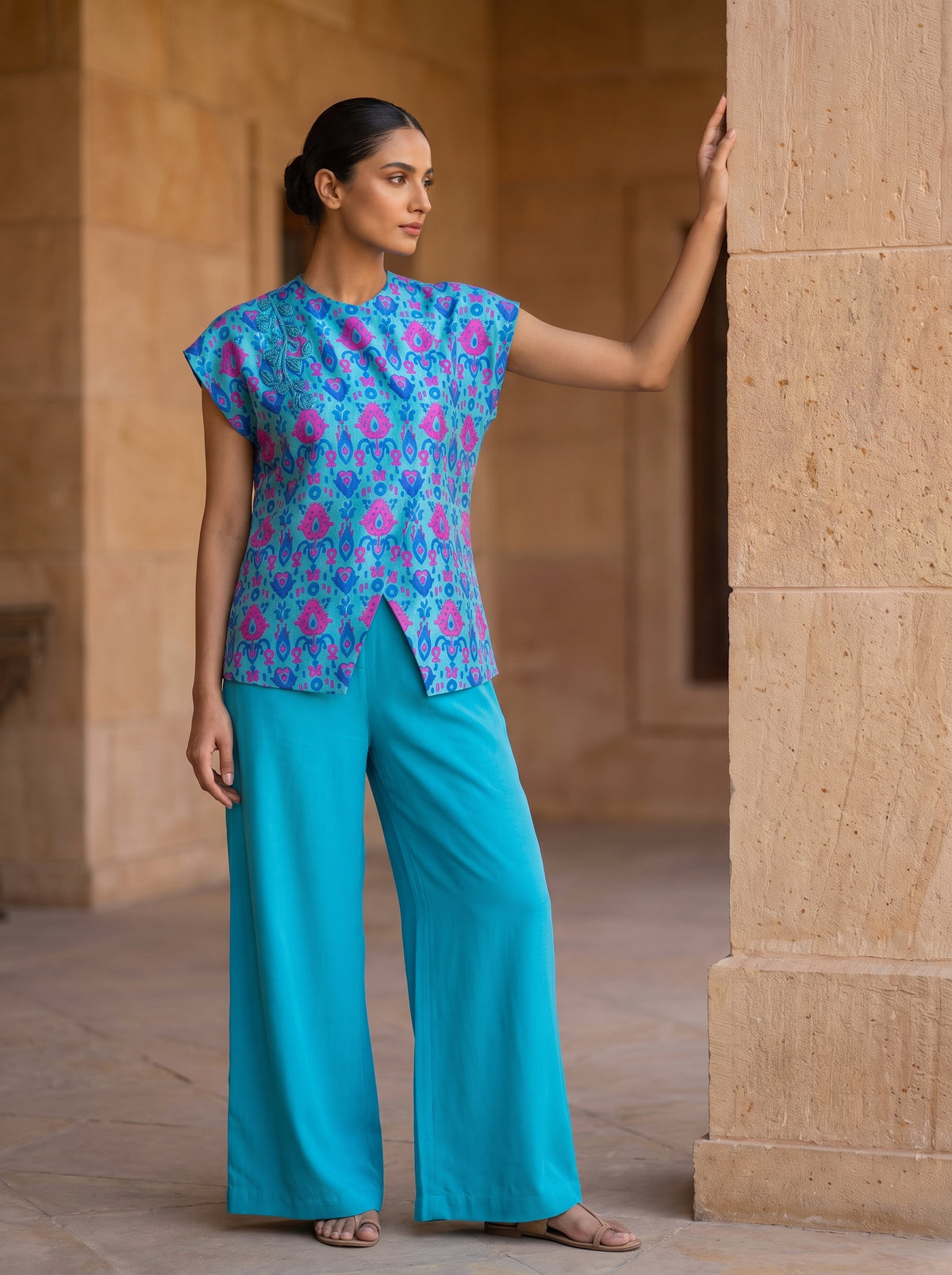 Riviera, a turquoise raw silk co-ord set by Jannat and Sadaf
