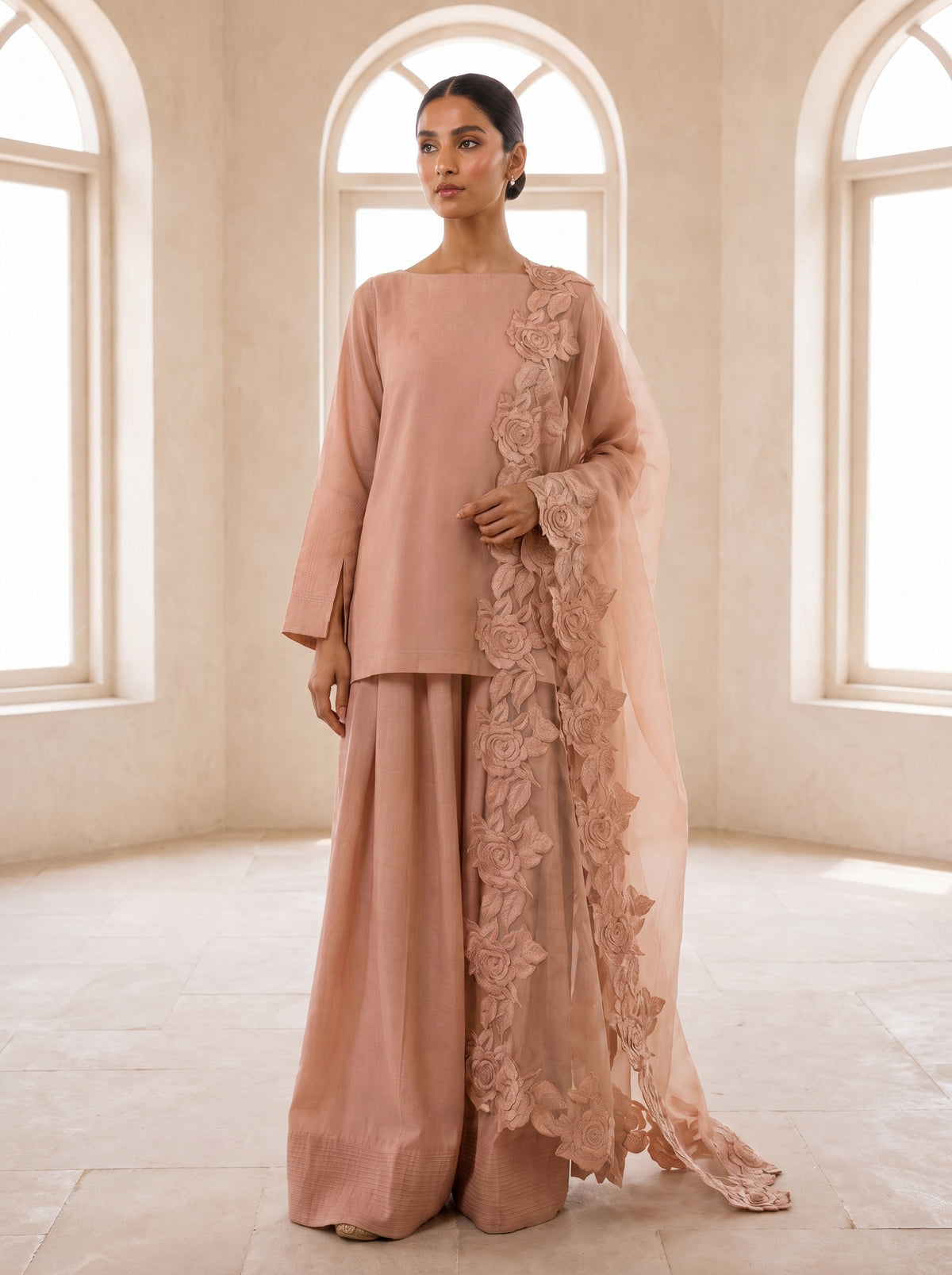 Rose Blush, a dusty rose farshi shalwar set by Jannat and Sadaf