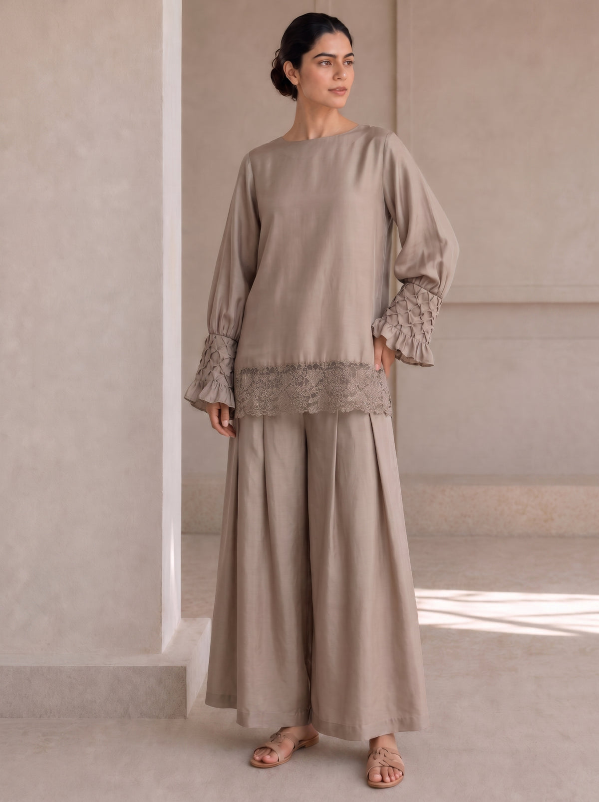 Smocked Serenity, a taupe cotton silk co-ord set by Jannat and Sadaf
