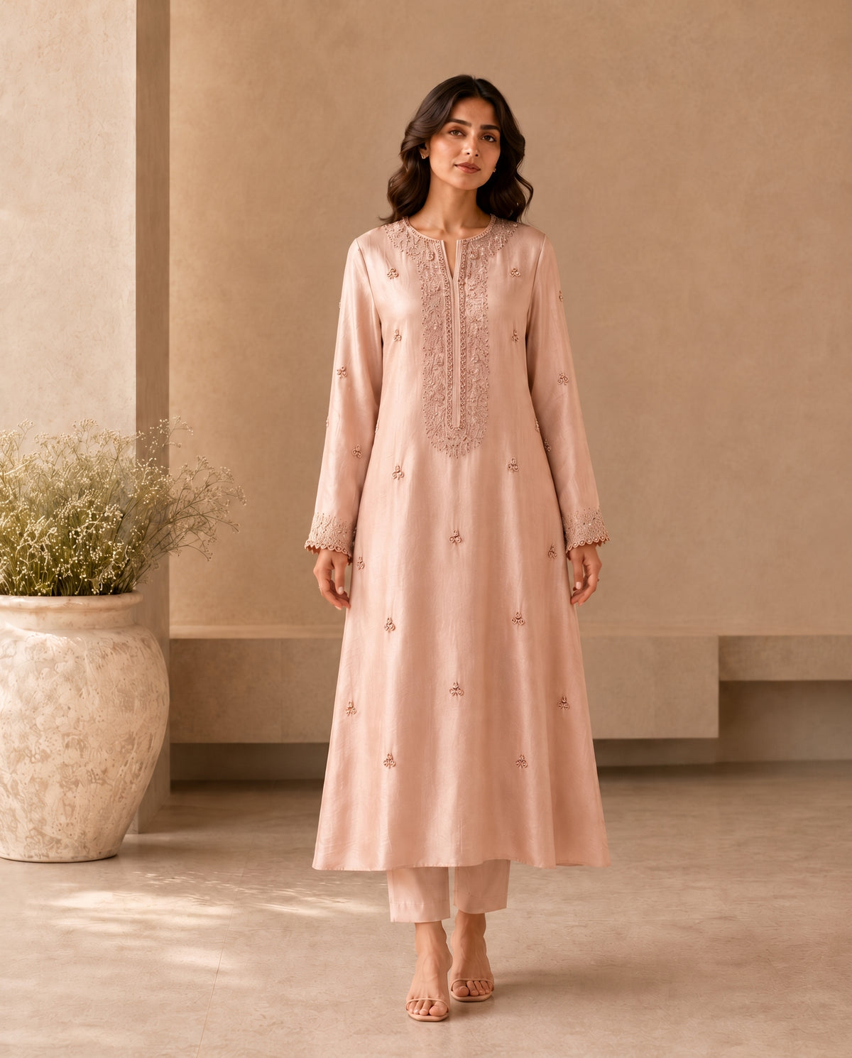 Soft Petals, a blush khaddi silk ensemble by Jannat and Sadaf