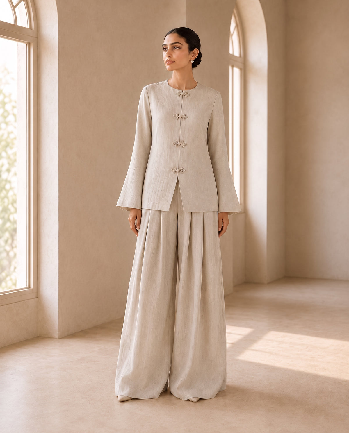 Stone Willow, a stone grey linen co-ord set by Jannat and Sadaf