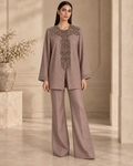 Taupe raw silk jacket with metallic embroidery