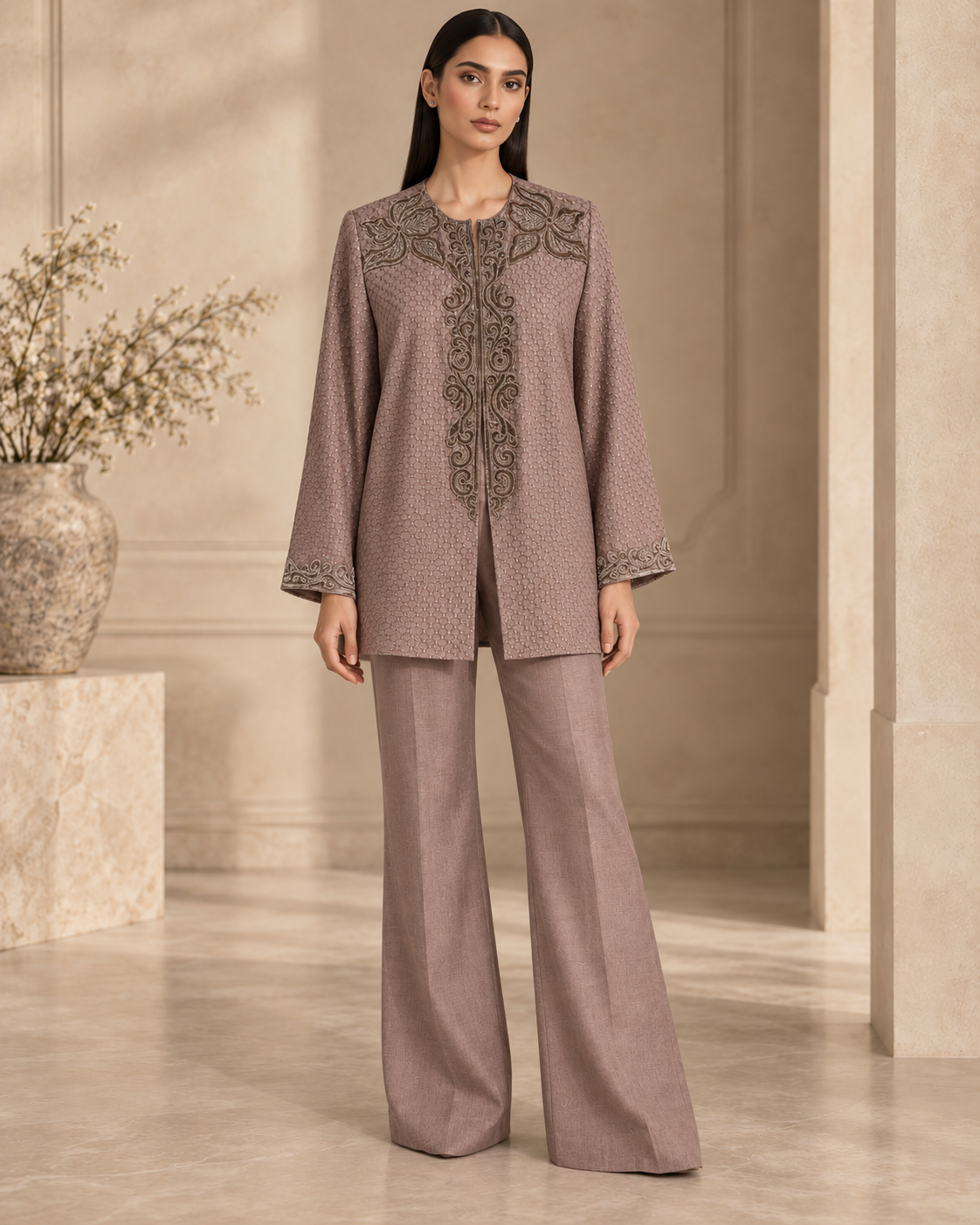 Taupe raw silk jacket with metallic embroidery