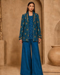 Teal Brocade, a teal embroidered brocade jacket set by Jannat and Sadaf