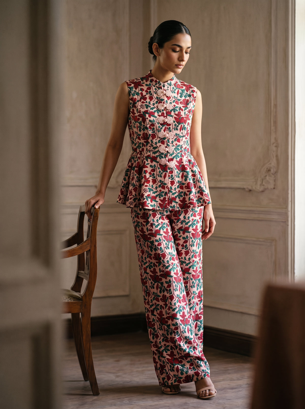 Vintage Blossom, a pink printed raw silk peplum set by Jannat and Sadaf
