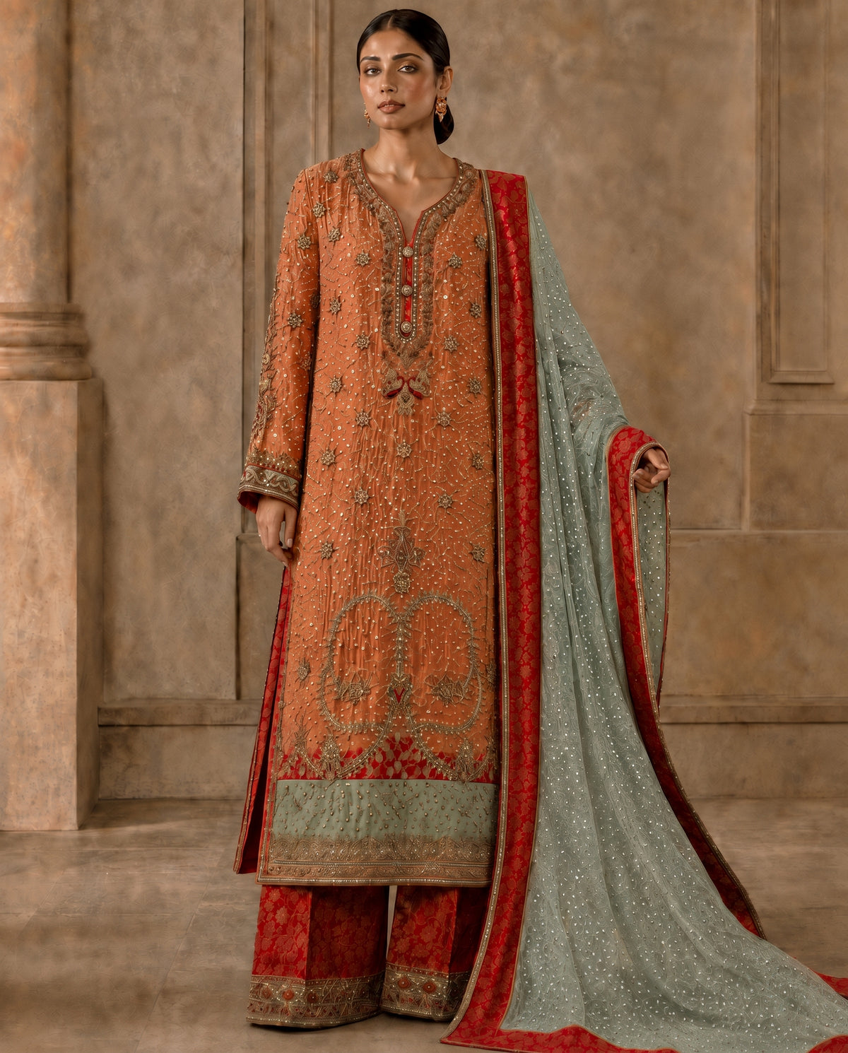 Vintage Coral, a rust embellished raw silk ensemble by Jannat and Sadaf