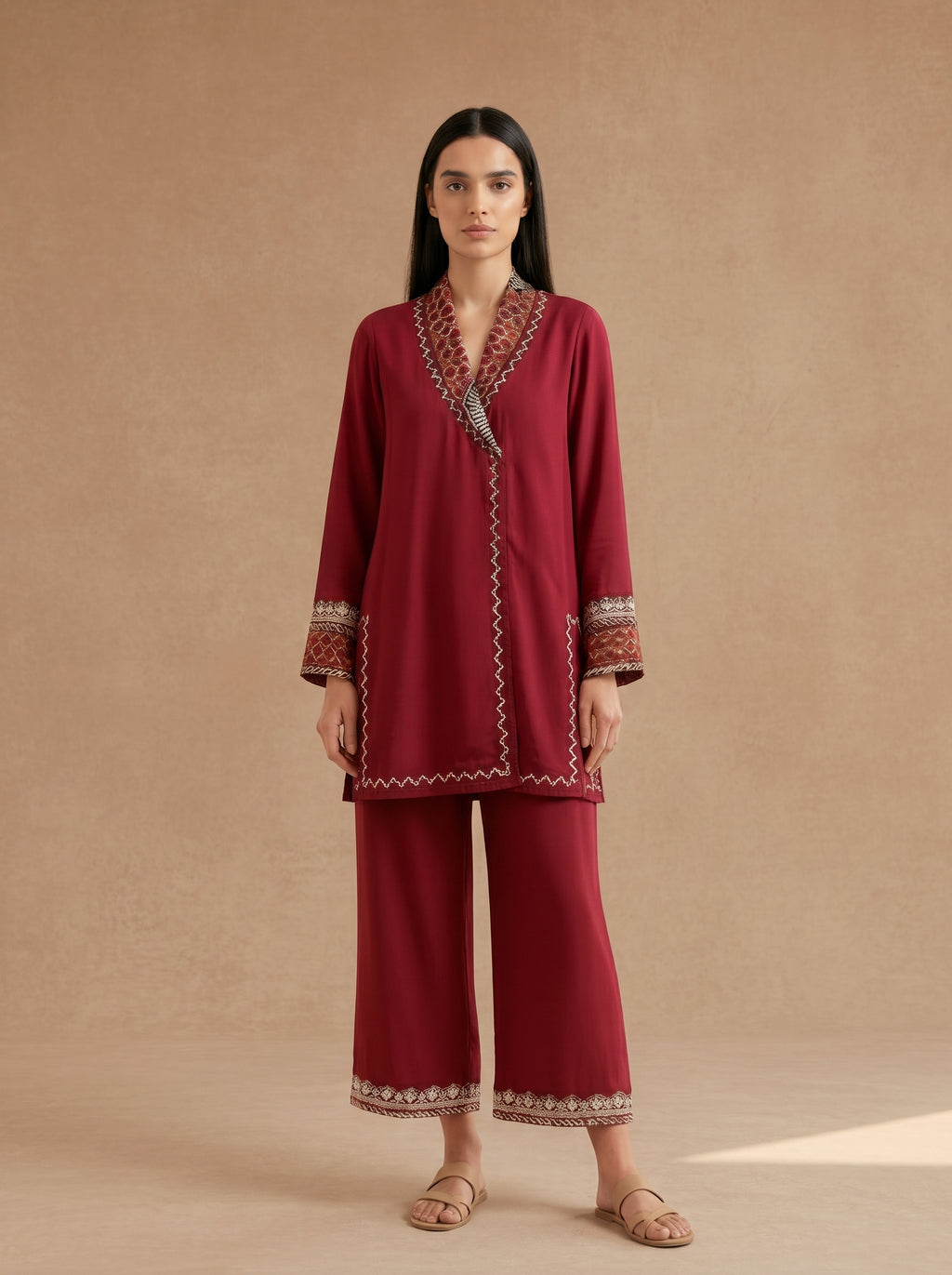 Zebra Set, a maroon block print silk co-ord by Jannat and Sadaf