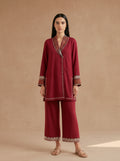 Zebra Set, a maroon block print silk co-ord by Jannat and Sadaf