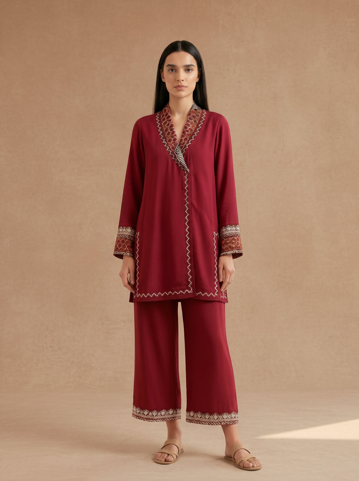 Zebra Set, a maroon block print silk co-ord by Jannat and Sadaf